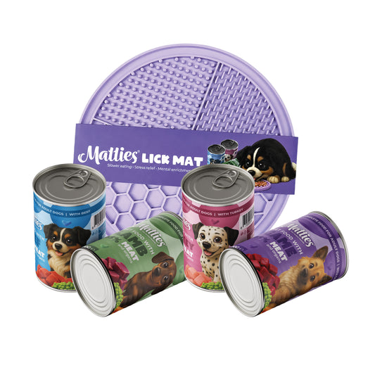 Matties Nassfutterpaket mit Schleckmatte | 4 Sorten | 4x400g