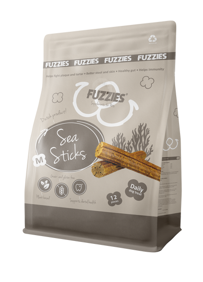 Fuzzies Ergänzungsfutter für Hunde | Sea Sticks Größe M – Ø 2 cm × 12,5 cm lang